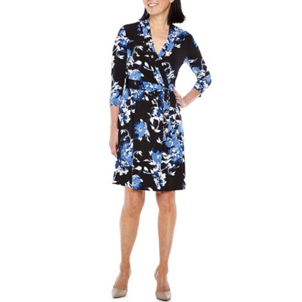 Liz Claiborne Wrap Floral Dress, Blue Black White Multi, Size Medium